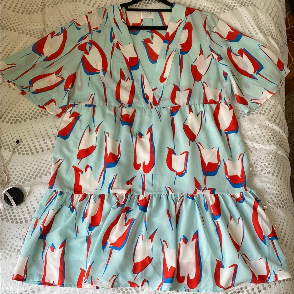 Antony me Designers Red and Blue Ruffled V-Neck Midi Sundress Size MEDiUM Pre-Ow